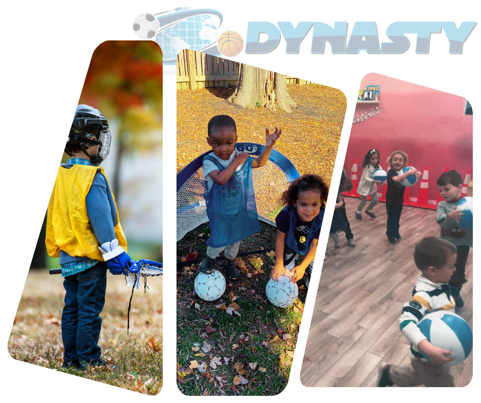 Young children in lacrosse gear, two children with soccer balls, and kids dancing with a ball