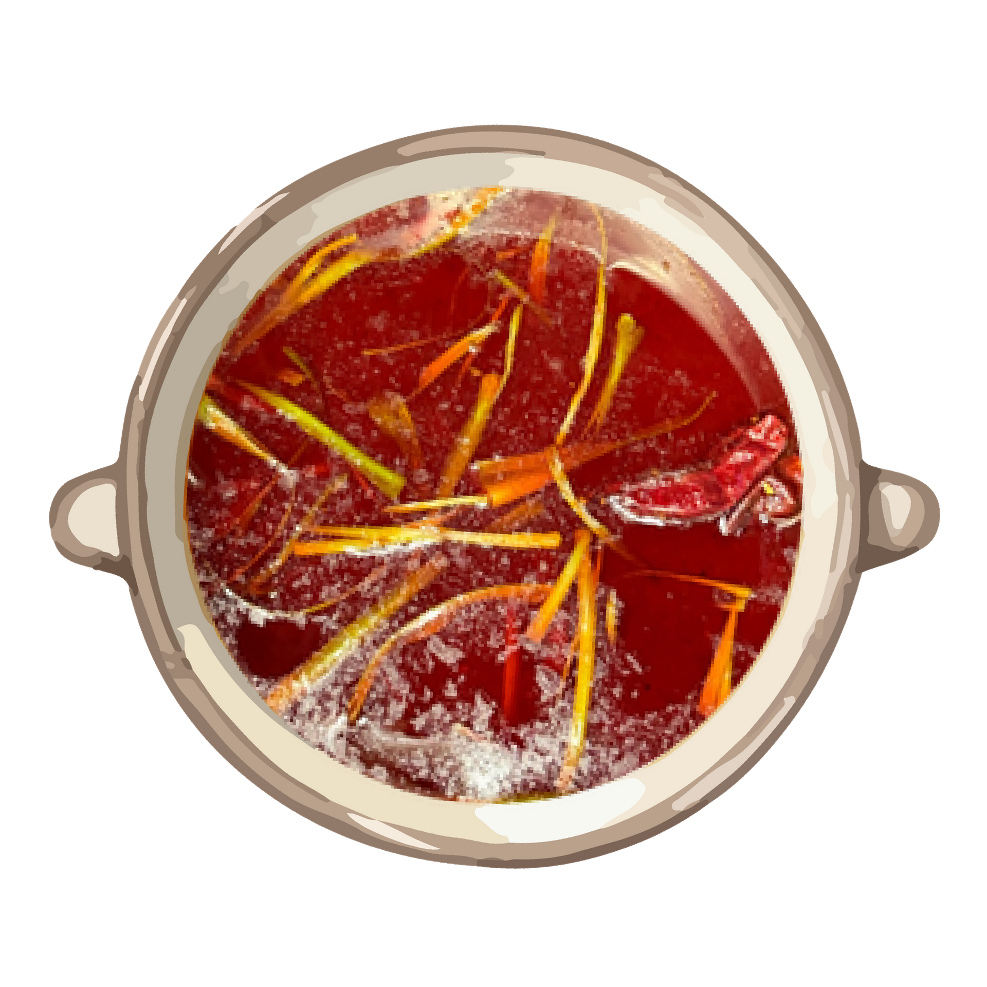 Red soup or stew in a round pot with chopsticks and broth splashes