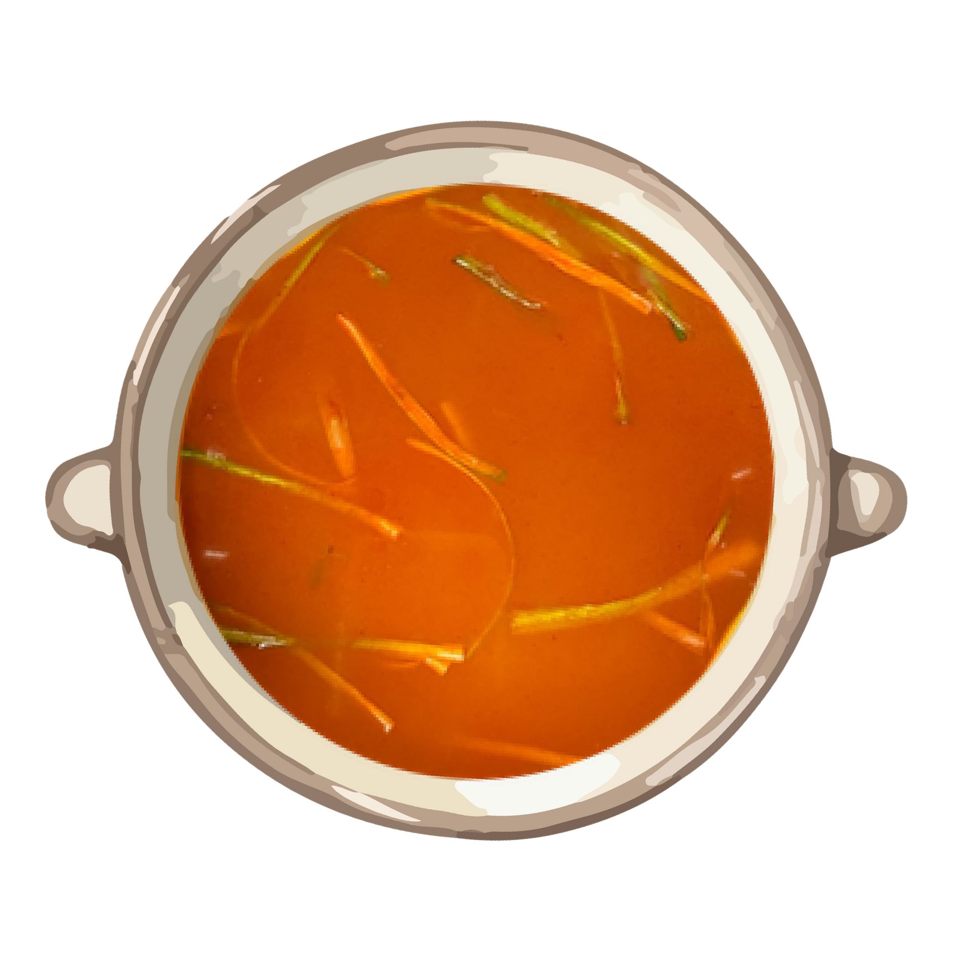 Top view of a pot of orange soup with thin vegetable strips and side handles