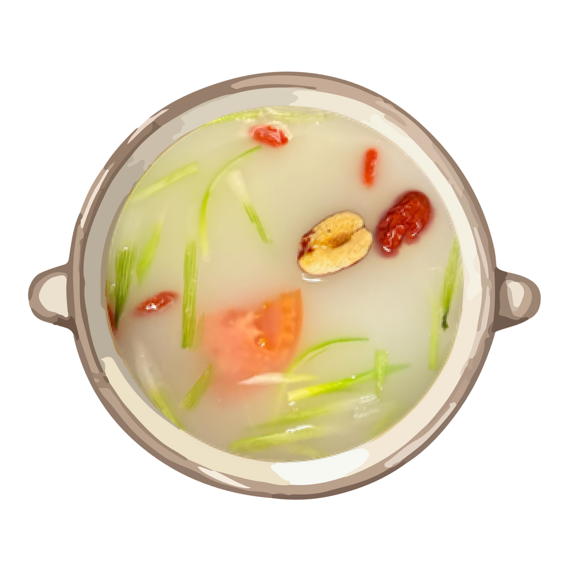 Round pot of light soup with sliced vegetables, nuts, and herbs floating on top