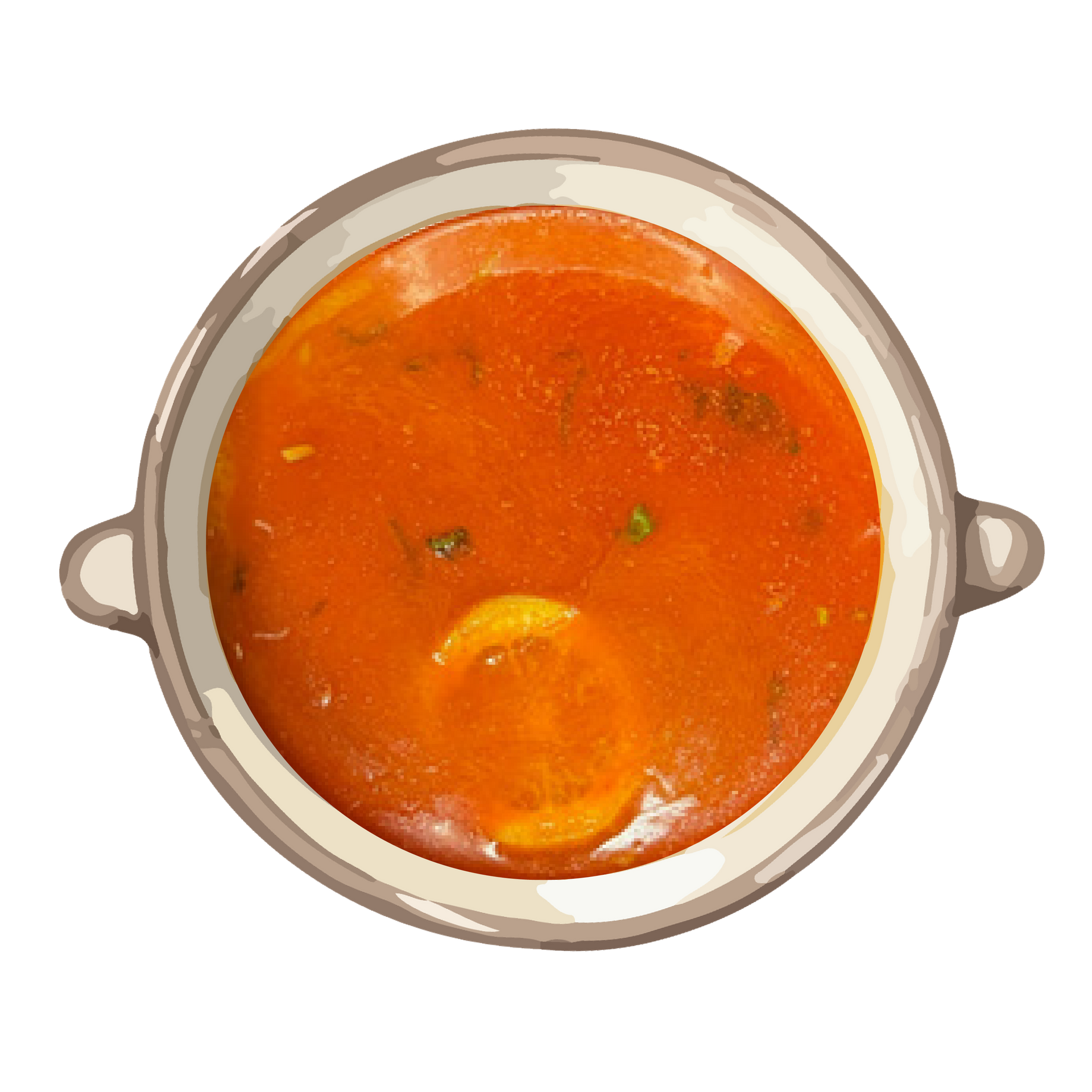 Top view of a bowl of orange soup with a lemon slice and small green garnish pieces
