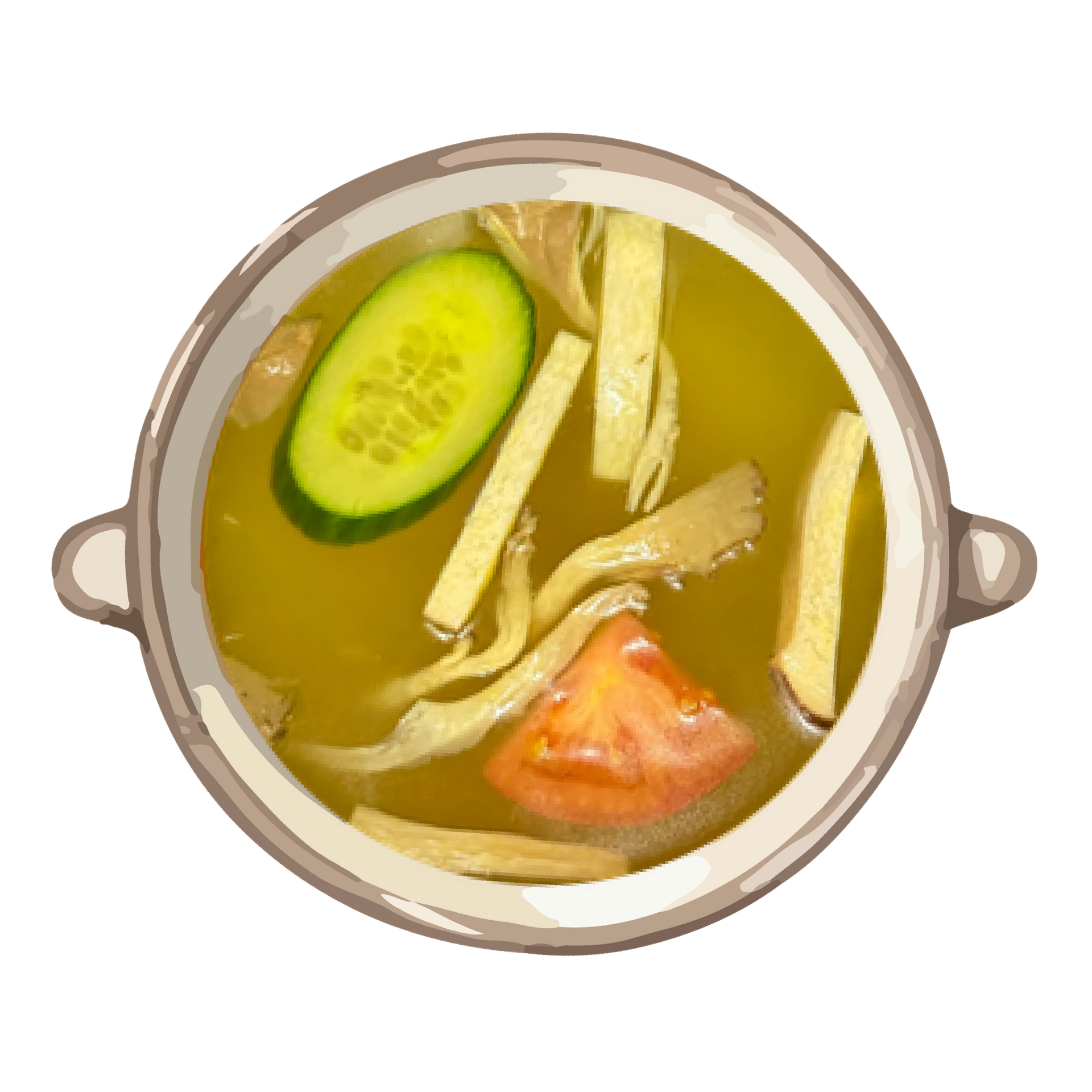Top view of a pot of clear soup with cucumber slices, tofu, and shredded vegetables