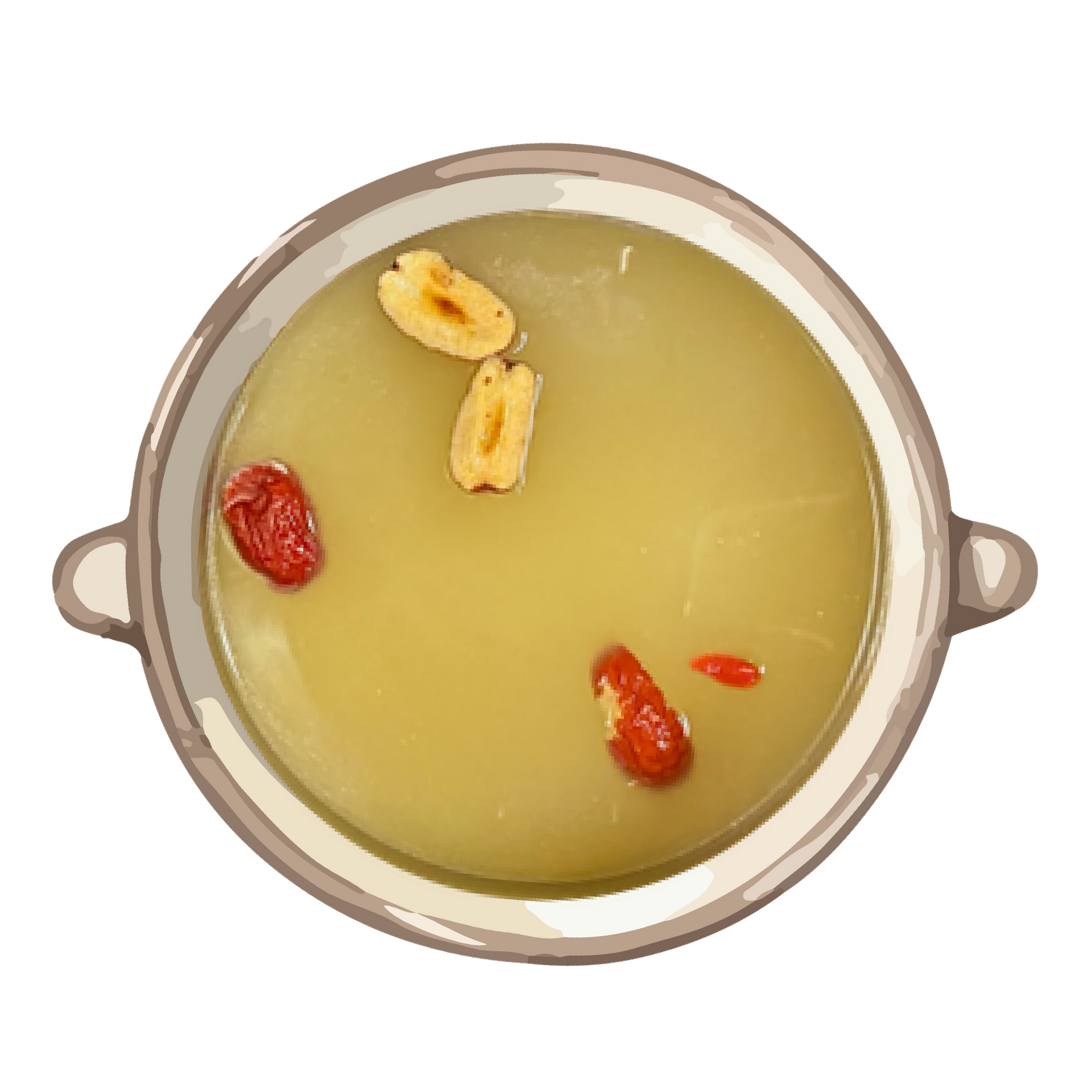 Top view of a bowl of light yellow soup garnished with red dates and sliced ginger
