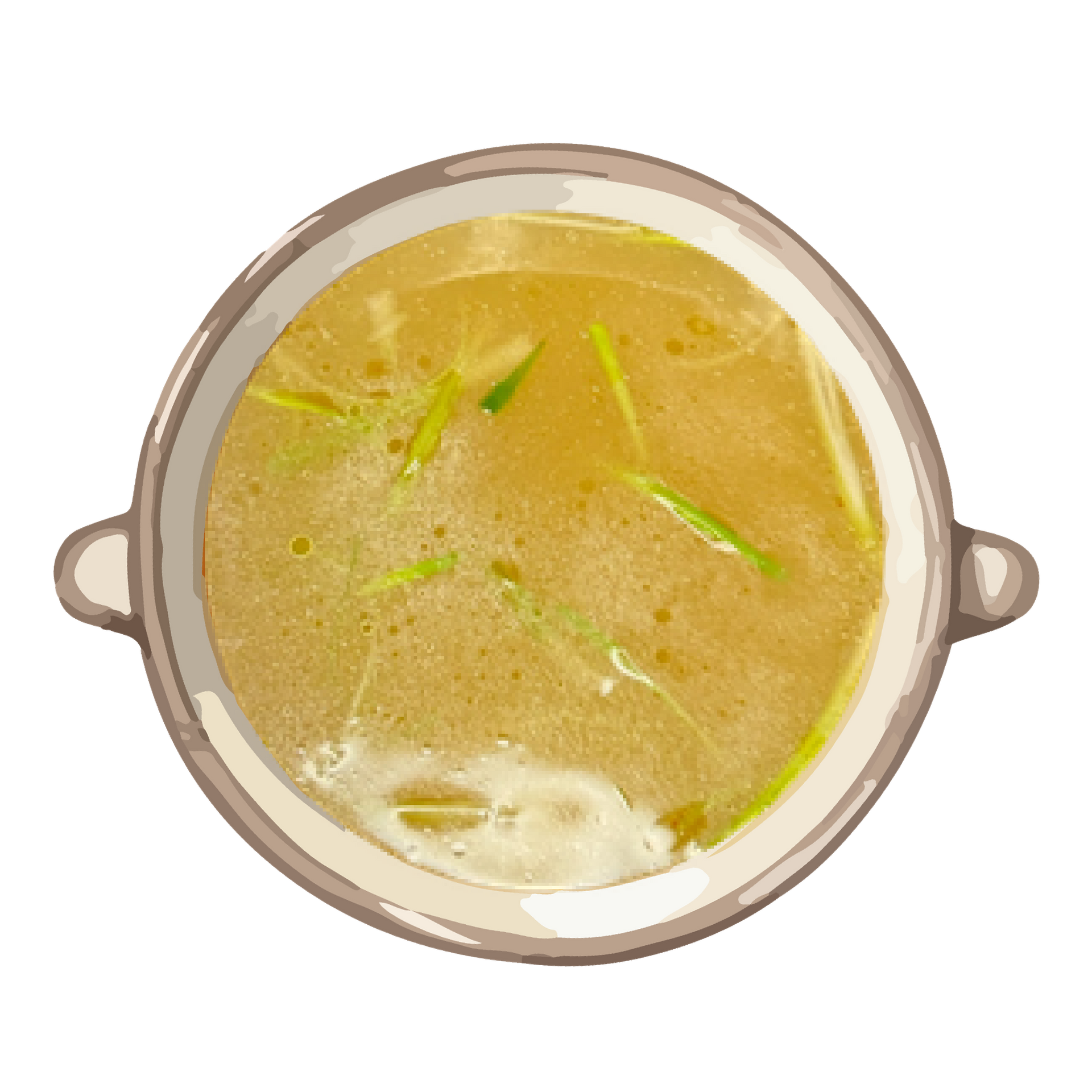 Top-down view of a pot of light brown soup with green herbs and vegetable pieces