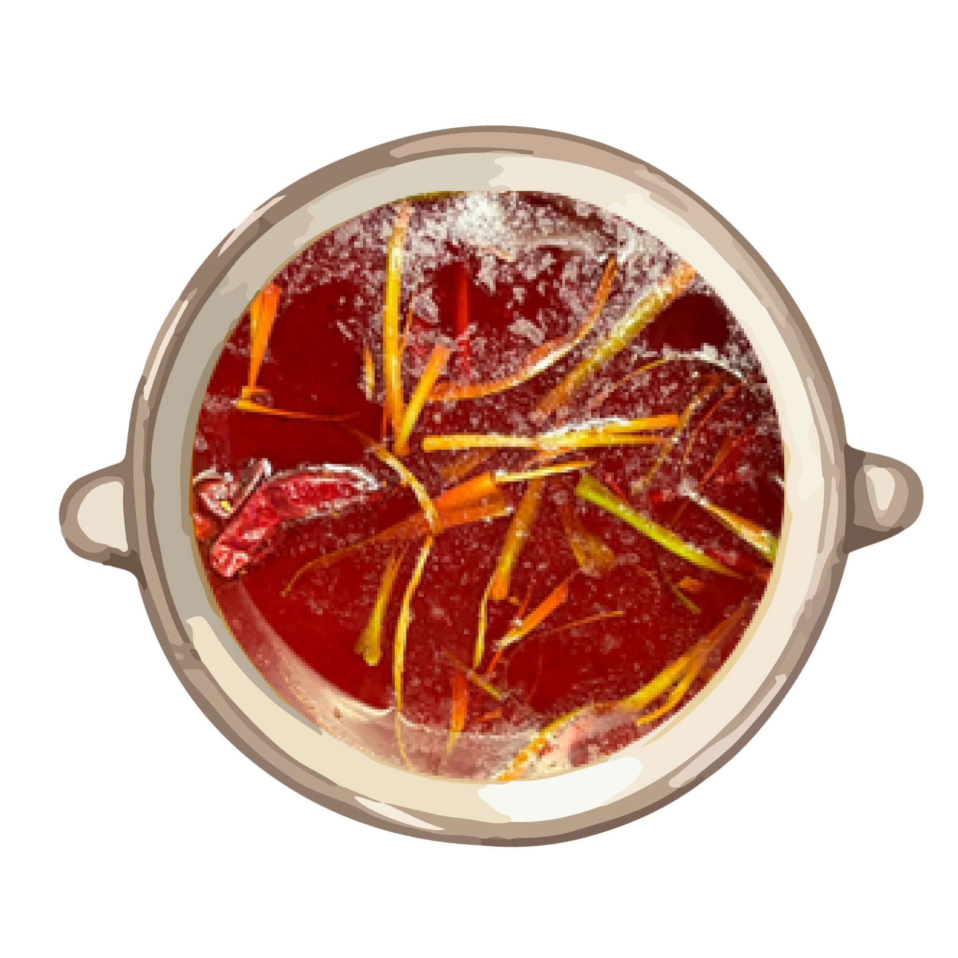 Top view of a pot of red stew with tomato slices and yellow strips, with two side handles.