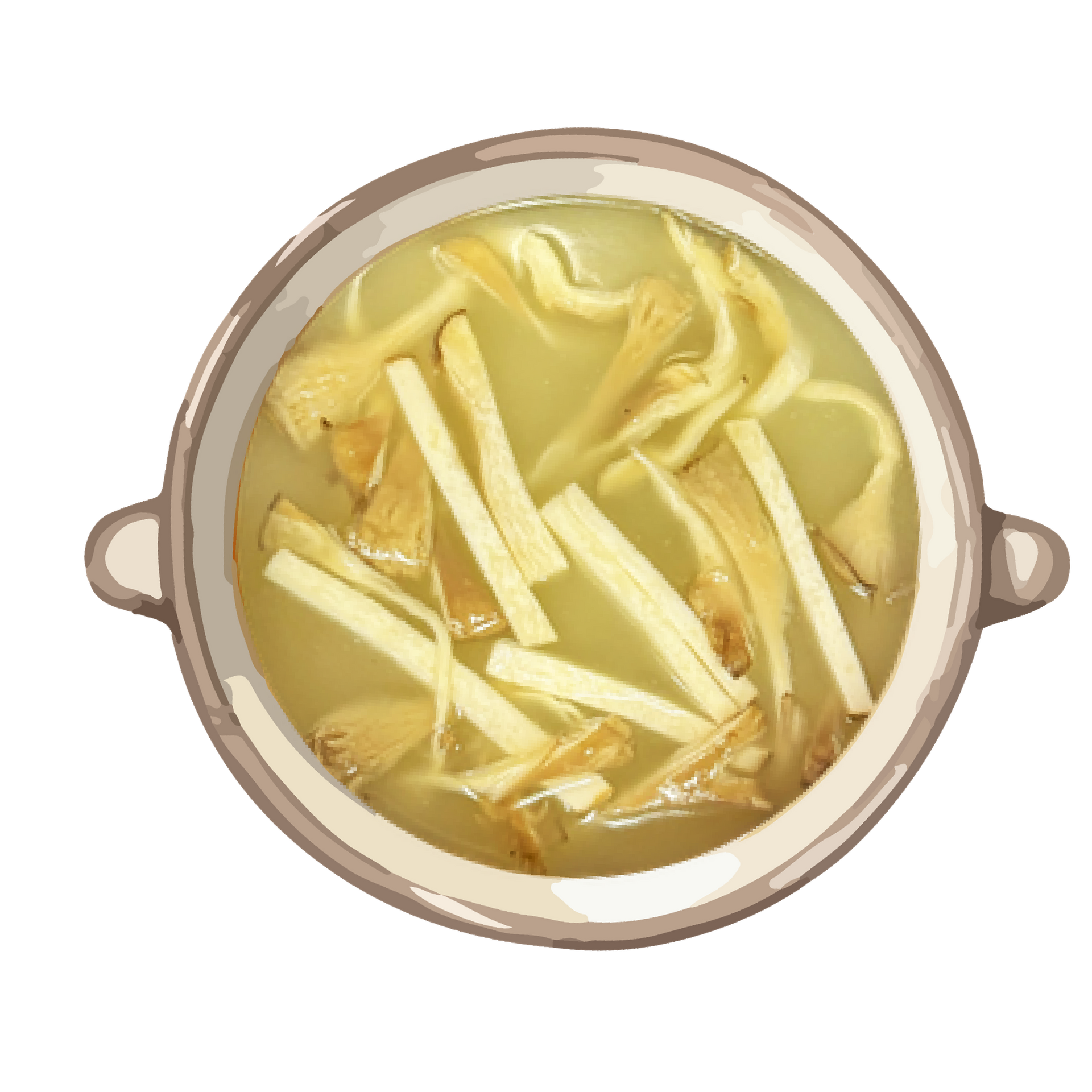 Top-down view of a pot with yellow broth and sliced bamboo shoots