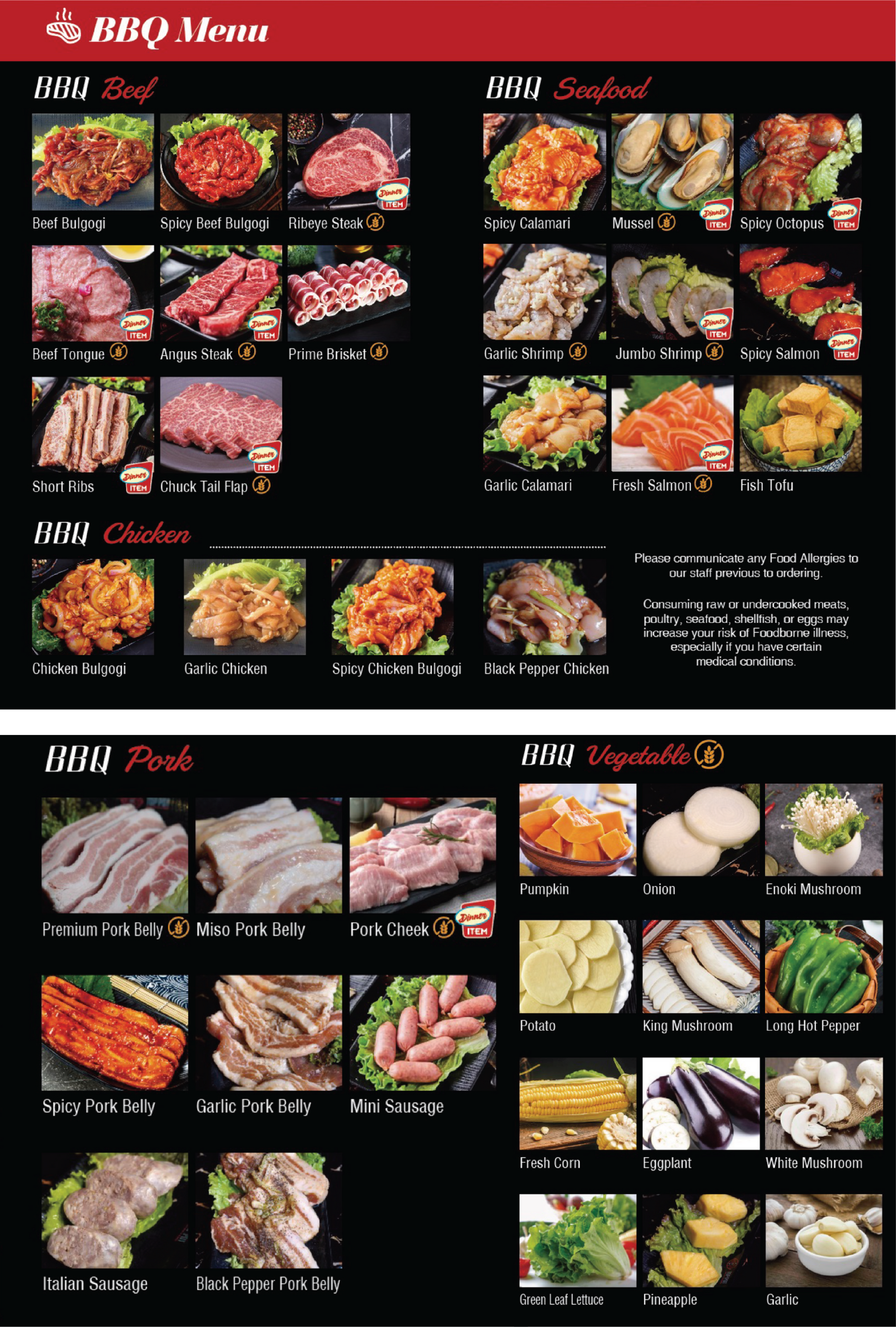 Korean BBQ menu with sections for beef, chicken, pork, seafood, and vegetables, showing dish photos and prices