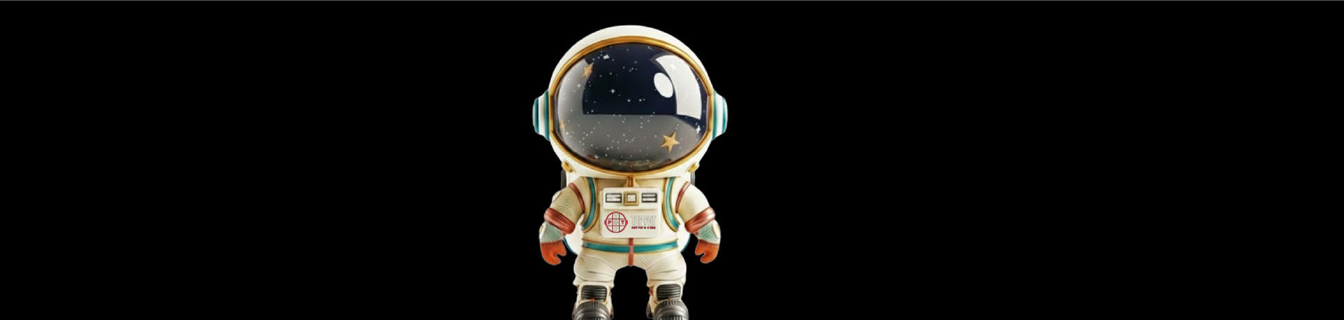 Small astronaut figurine standing on a black background, with a shiny helmet and white suit