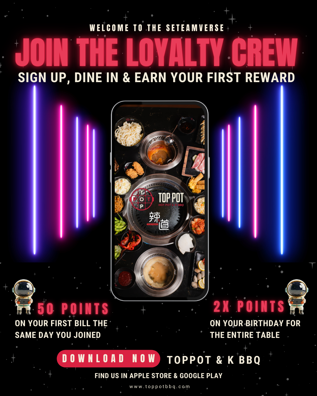 Neon restaurant loyalty ad with sushi platter, “Join the Loyalty Crew” and rewards points offer