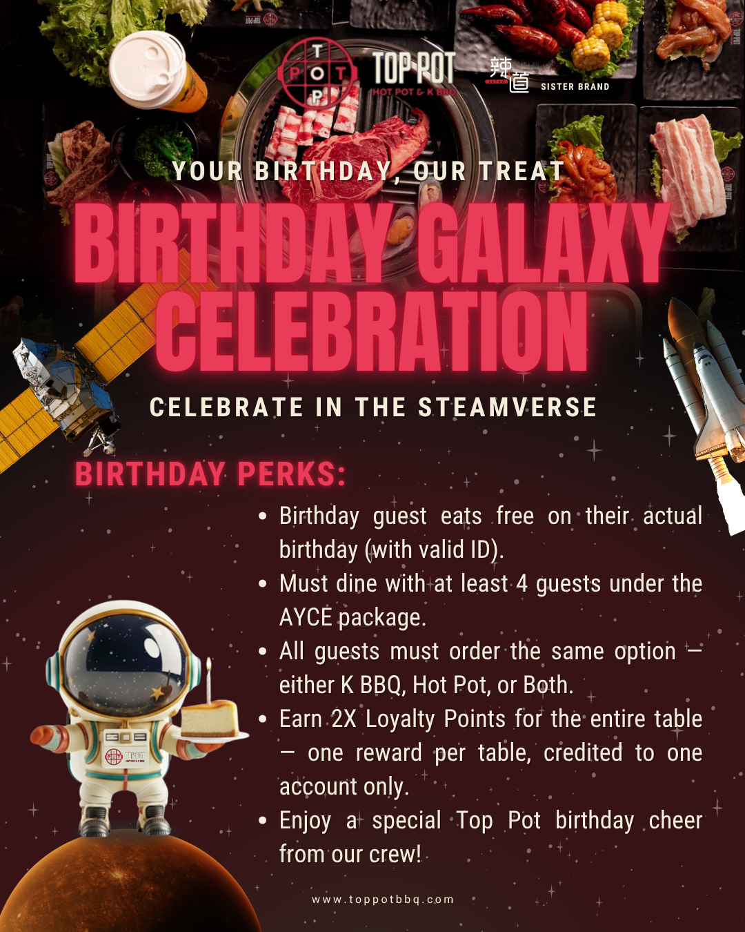Birthday galaxy celebration flyer with astronaut, space theme, and birthday perks listed