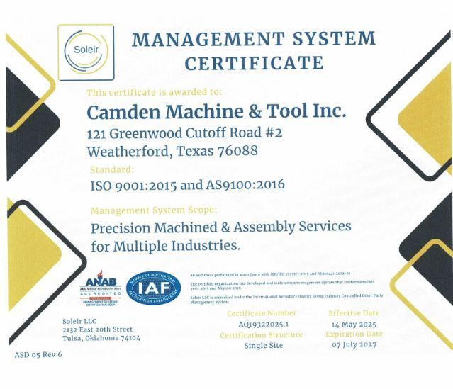 A management system certificate for Camden Machine & Tool Inc. in Weatherford, Texas, for ISO 9001:2015 and AS9100:2016.