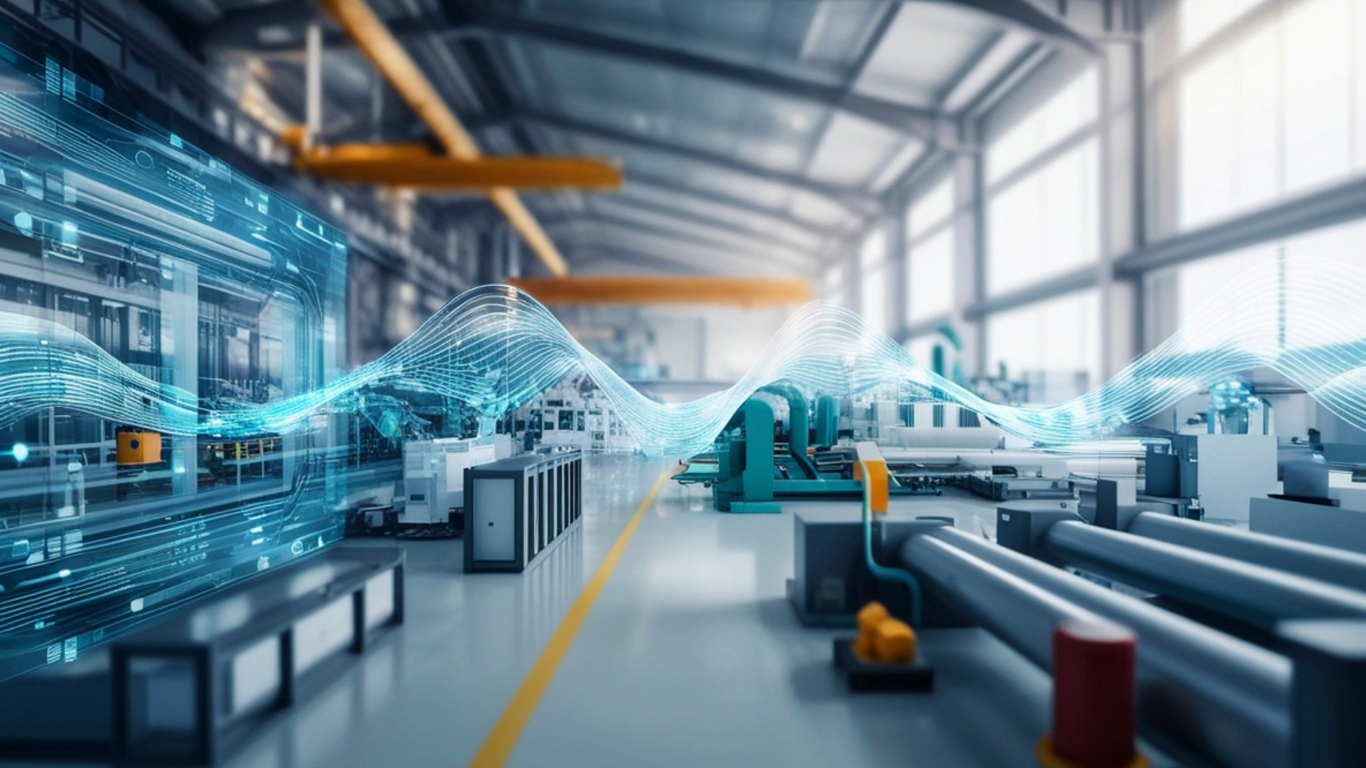 Digital visualization of data waves overlaying an industrial factory floor with machinery and bright overhead lighting.
