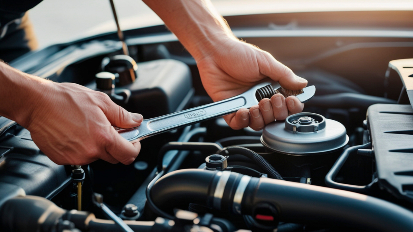 Hands working on a car engine, holding an adjustable wrench near a component.