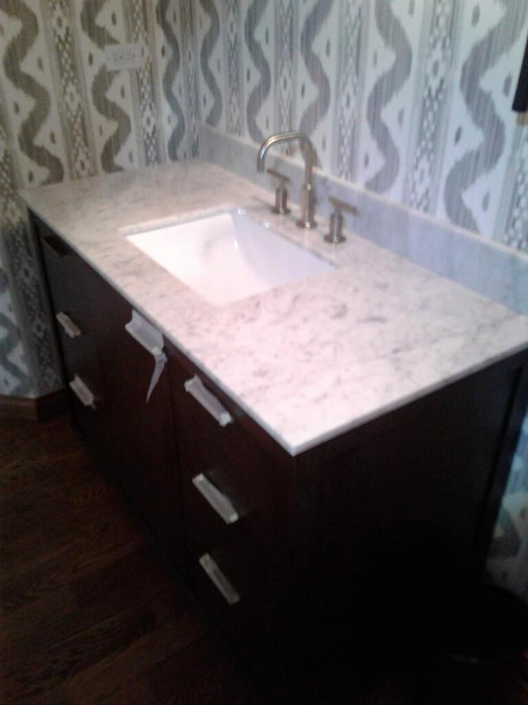 new bathroom sink faucet installation with new granite countertop vanity installation, dark bathroom vanity cabinetry cabinets.
