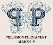 A logo for precision permanent make-up with blue and black letters