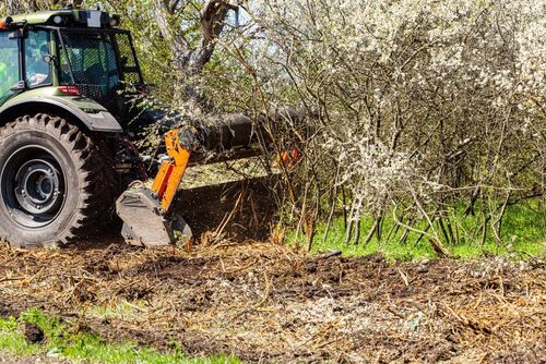 Tractor clearing brush along a field edge with a front loader attachment