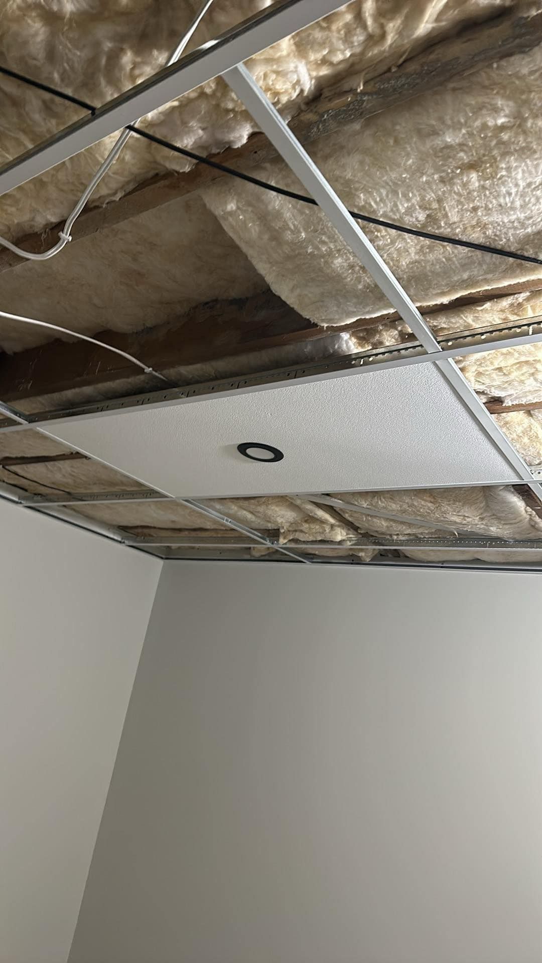 Panneau de plafond manquant, laissant apparaître l'isolant et la structure métallique au-dessus d'un mur blanc uni.
