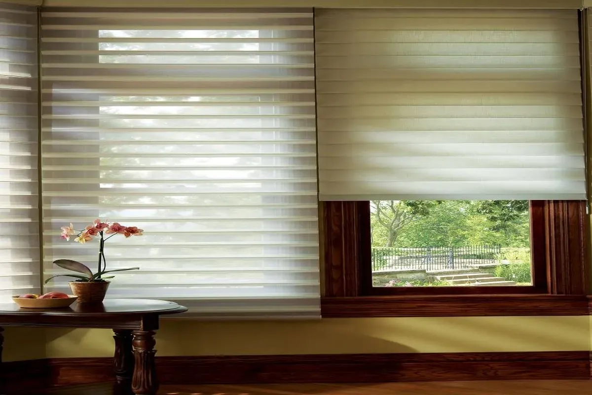 Two windows with layered blinds, one partially open, with a table, plant, and outdoor view.