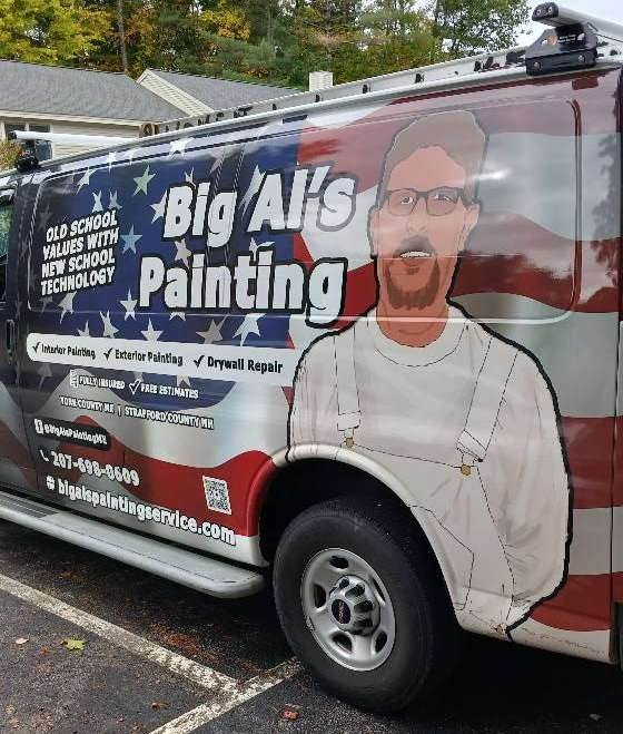 Big Al's Painting van with American flag design and caricature of a man, parked outside.