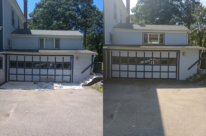 Two side-by-side photos of a light blue house with a garage. The garage has glass panel doors, and is in a driveway.
