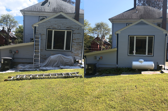 Before and after of a house side painting project. Old, peeling paint on the left, newly painted, blue siding on the right.