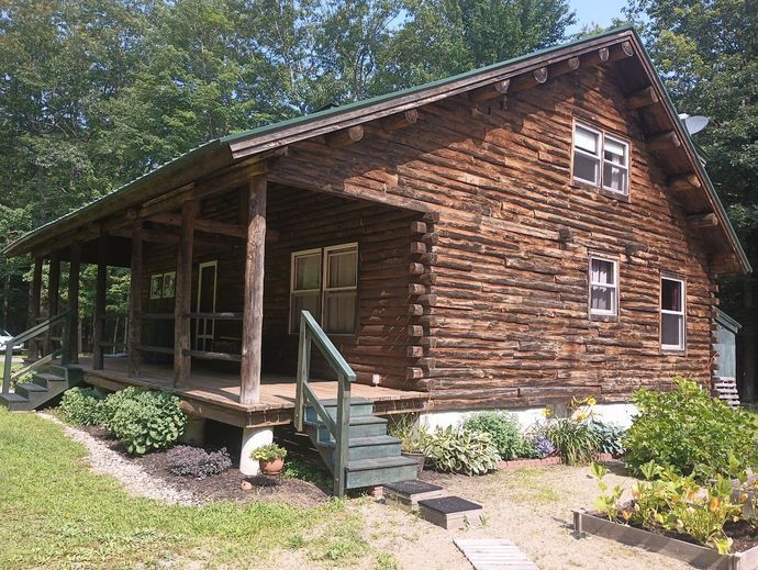 Log cabin with porch, surrounded by greenery and trees; green steps leading to the porch.