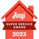 Angi Super Service Award 2023 badge, coral color, with Angi logo and ribbon banner.