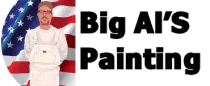 Man in overalls in front of American flag, with the text "Big Al's Painting".