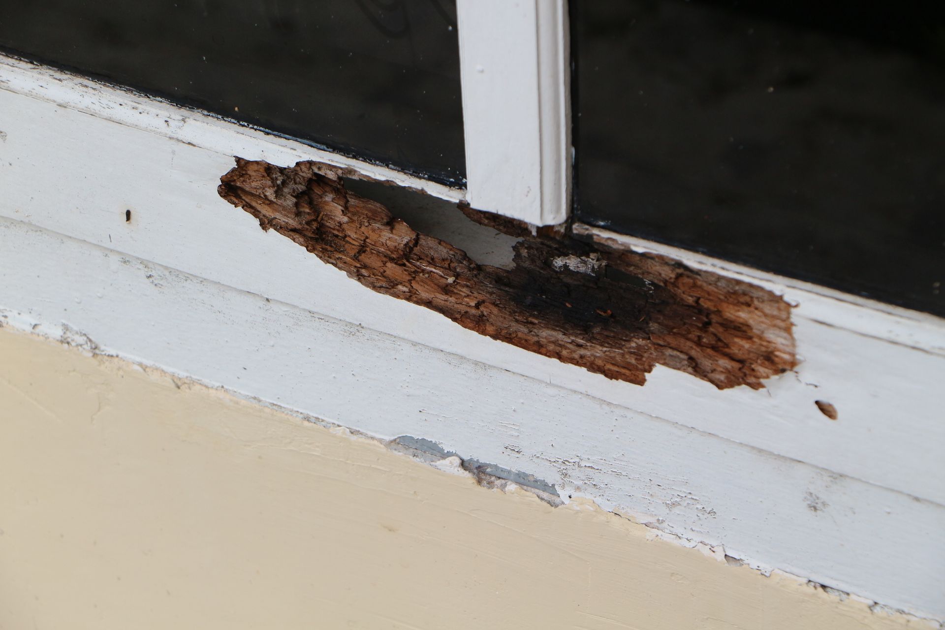 Rotting wood window frame with visible decay and damage.