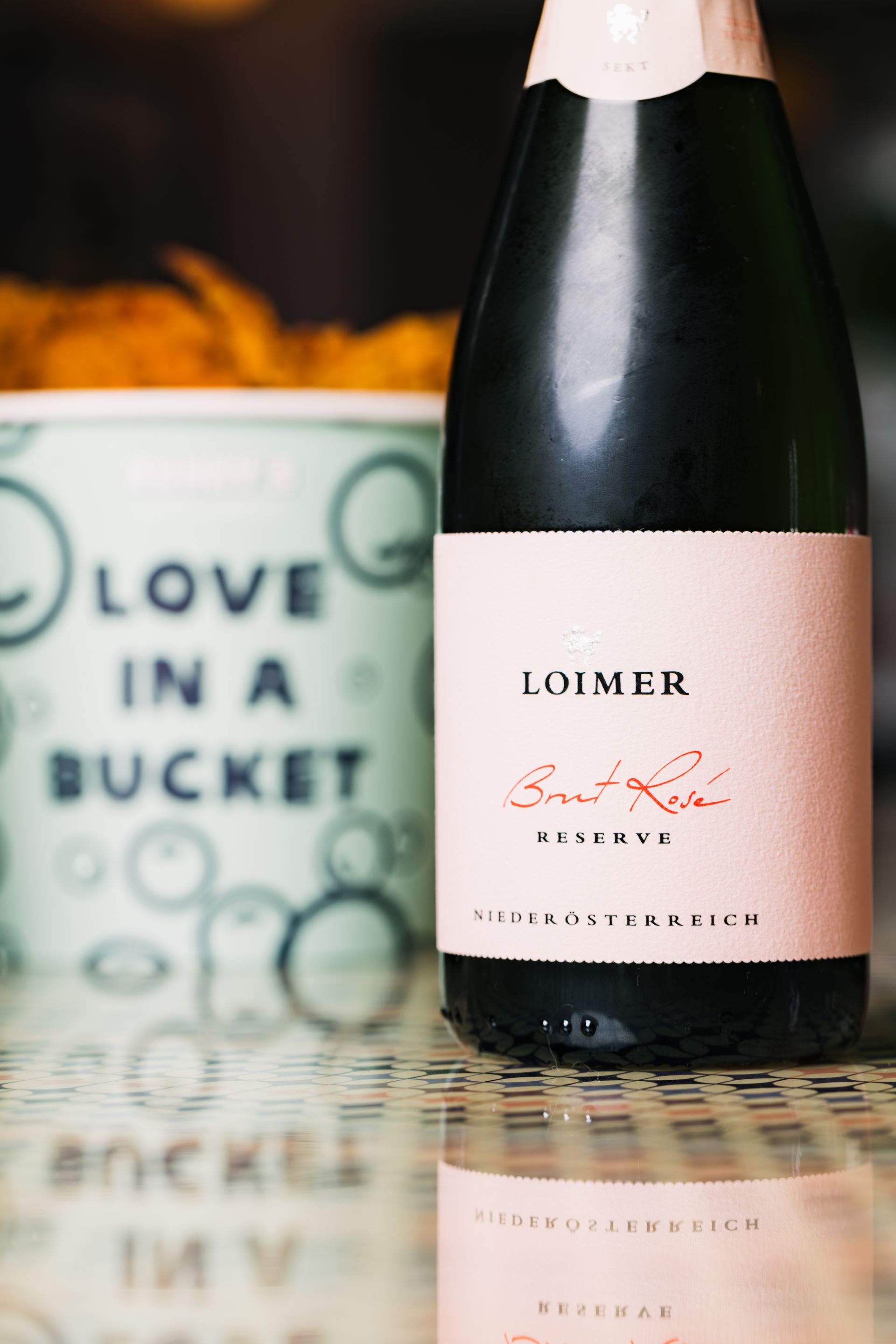 wine and bunny's bucket of fried chicken