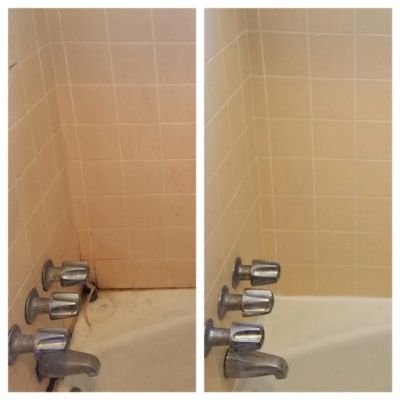 A before and after picture of a bathtub with faucets.