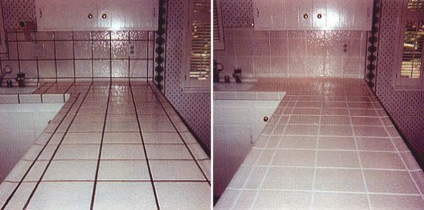 A before and after photo of a tiled floor in a kitchen