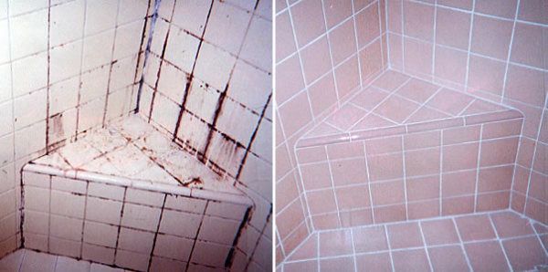 A before and after photo of a shower with pink tiles.
