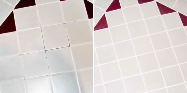 A before and after picture of a tile floor.