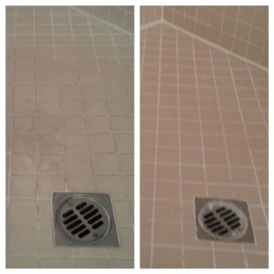 A before and after picture of a bathroom floor drain