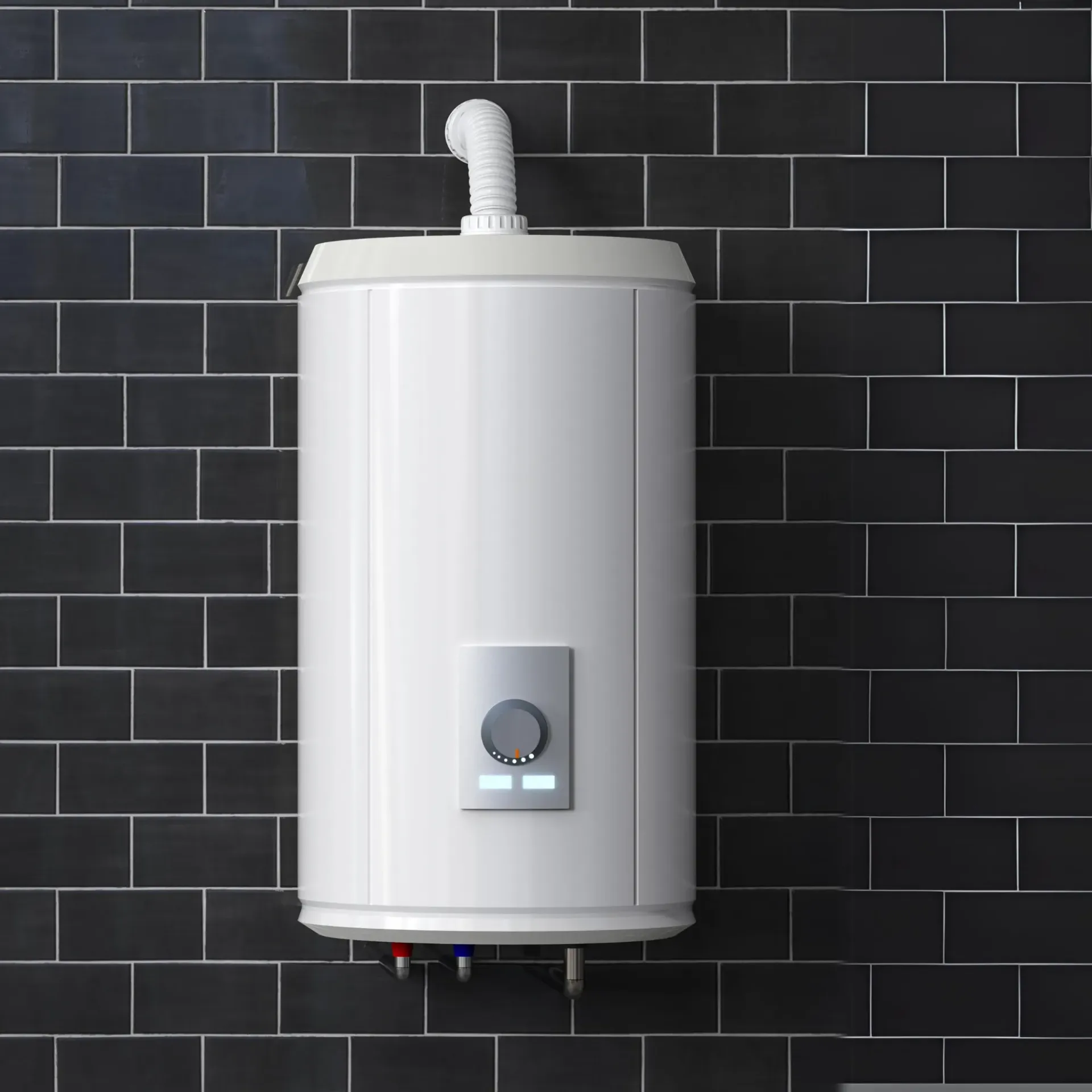 Aarden Air Service Heating & Air Conditioning- A white water heater is hanging on a black tiled wall.