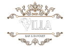 Logo for High Villa Bar & Banquet, featuring ornate brown decorative elements framing the white text 