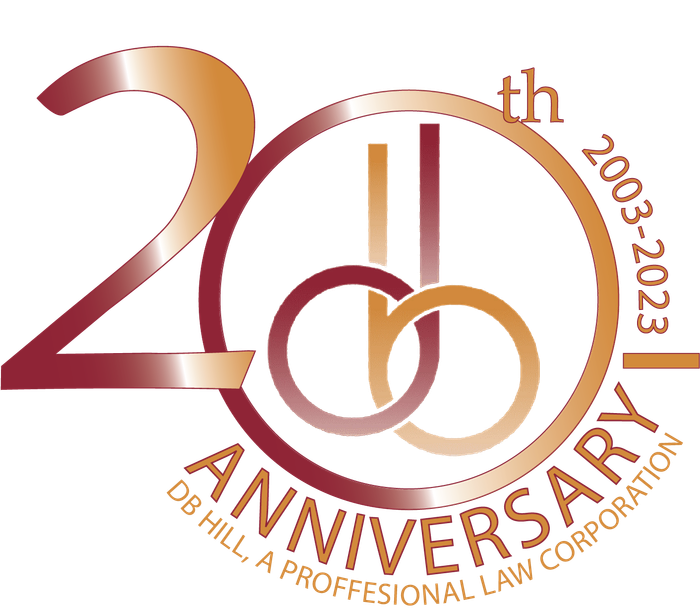 A logo for the 20th anniversary of db hill a professional law corporation