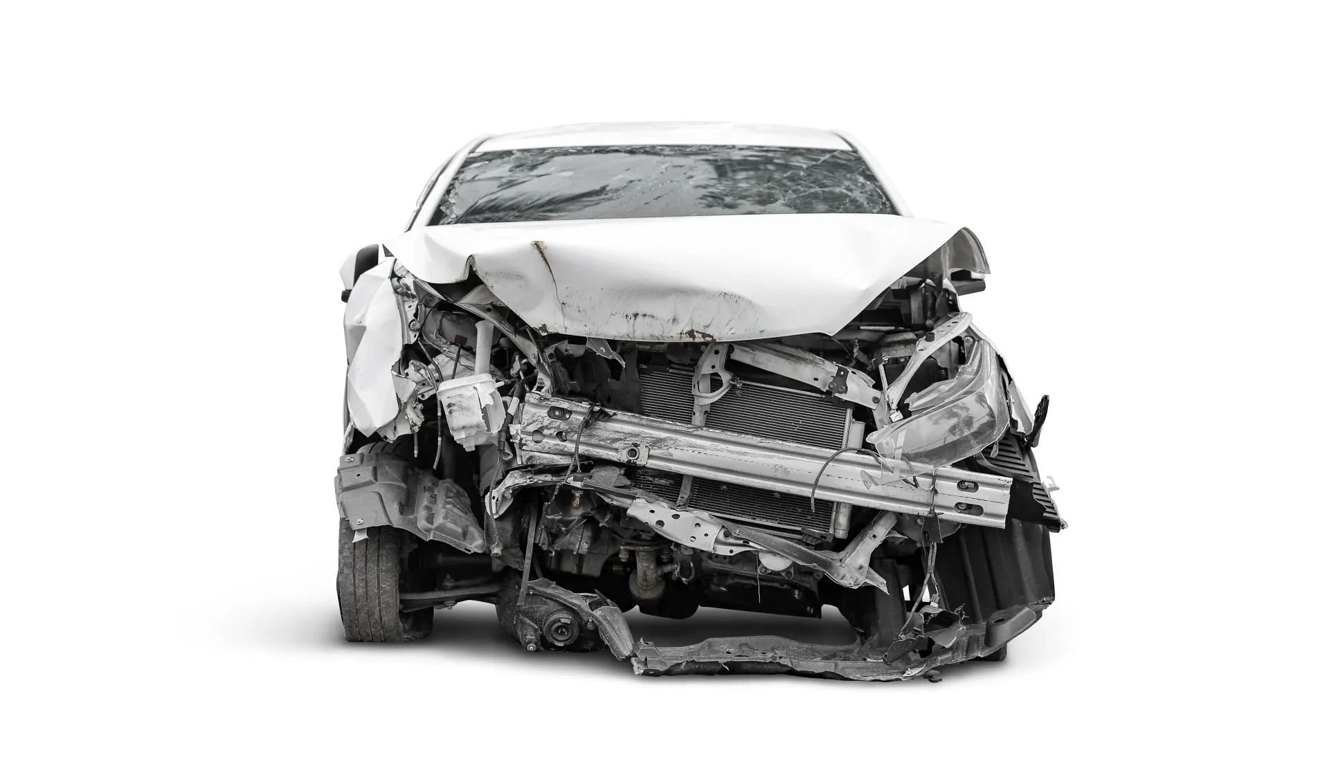 A black and white photo of a damaged car on a white background.