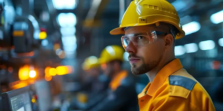 A man wearing a hard hat and goggles is working on a computer in a factory.