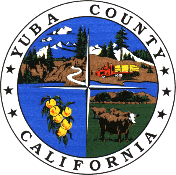 The seal of yuba county california shows a cow and mountains