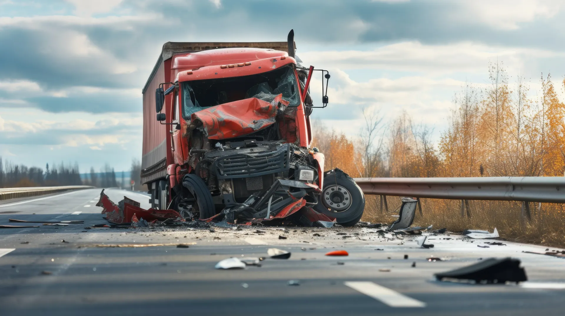 A semi truck severely damaged from an acciden