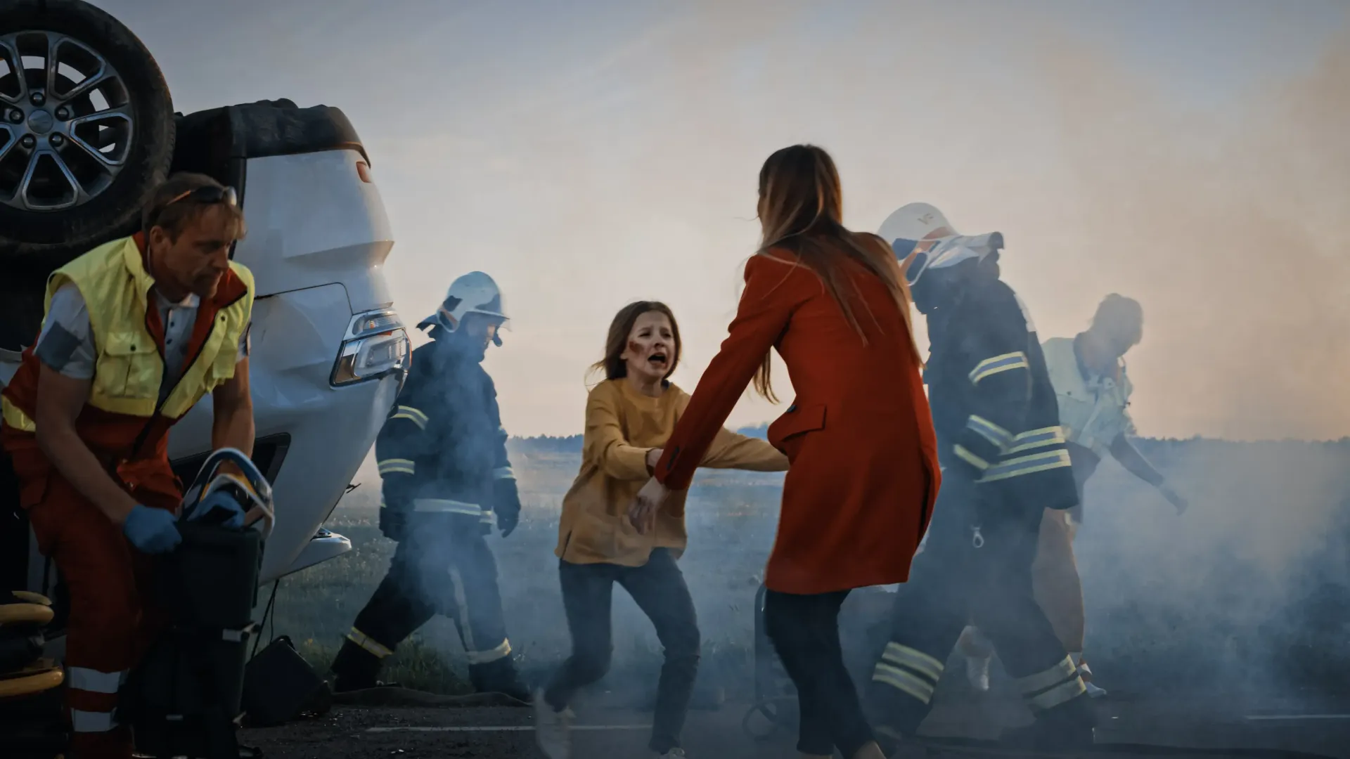 A group of people are standing around a car that has turned over.