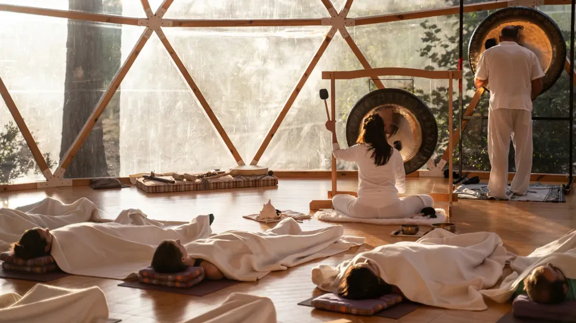 A group of people are laying on the floor in a dome while receiving a sound bath
