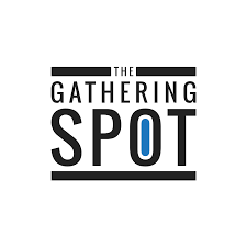 The gathering spot logo is a black and blue logo on a white background.