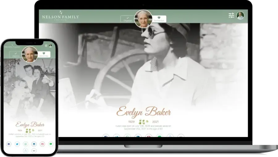 Website shown on laptop and phone with a green header and a black-and-white portrait centered on both screens