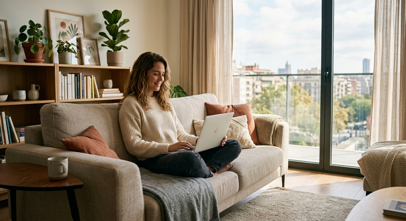 Young woman unpacking boxes in a bright Maryland apartment living room with moving supplies on the floor