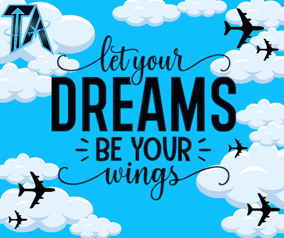 A blue sky with clouds and silhouettes of planes surrounding the text