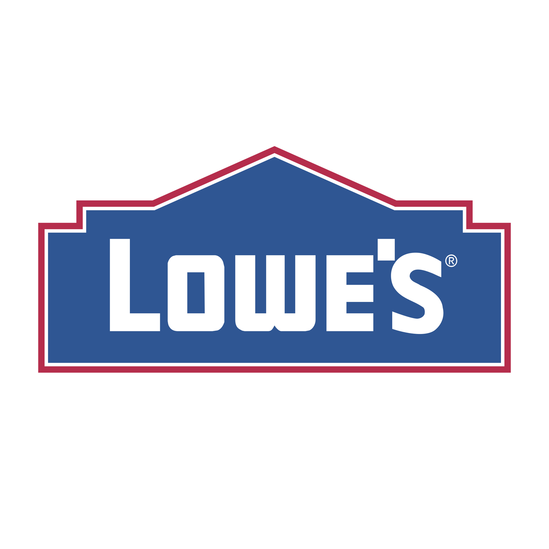 The logo for lowe 's is a blue sign with a red roof.