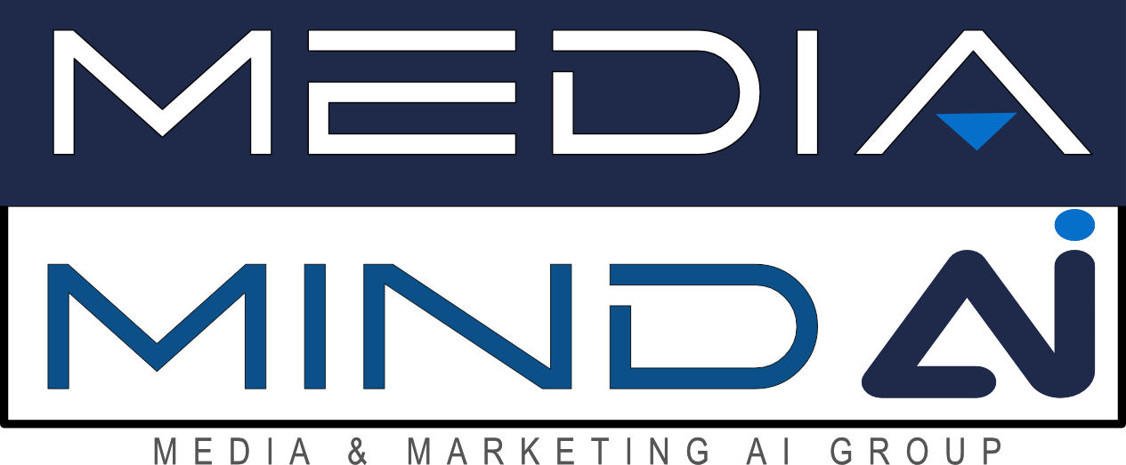 A blue and white logo for media mindai